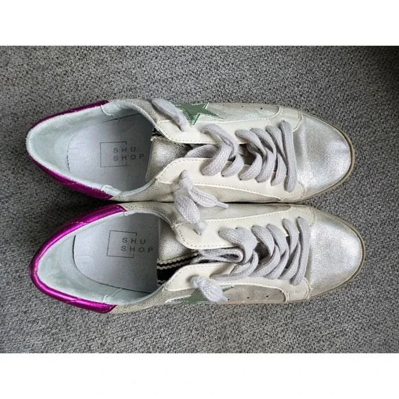 Shu Shop Paula Silver Distressed Shoes Sneakers Shiny Star US 7.5 - Picture 4 of 13